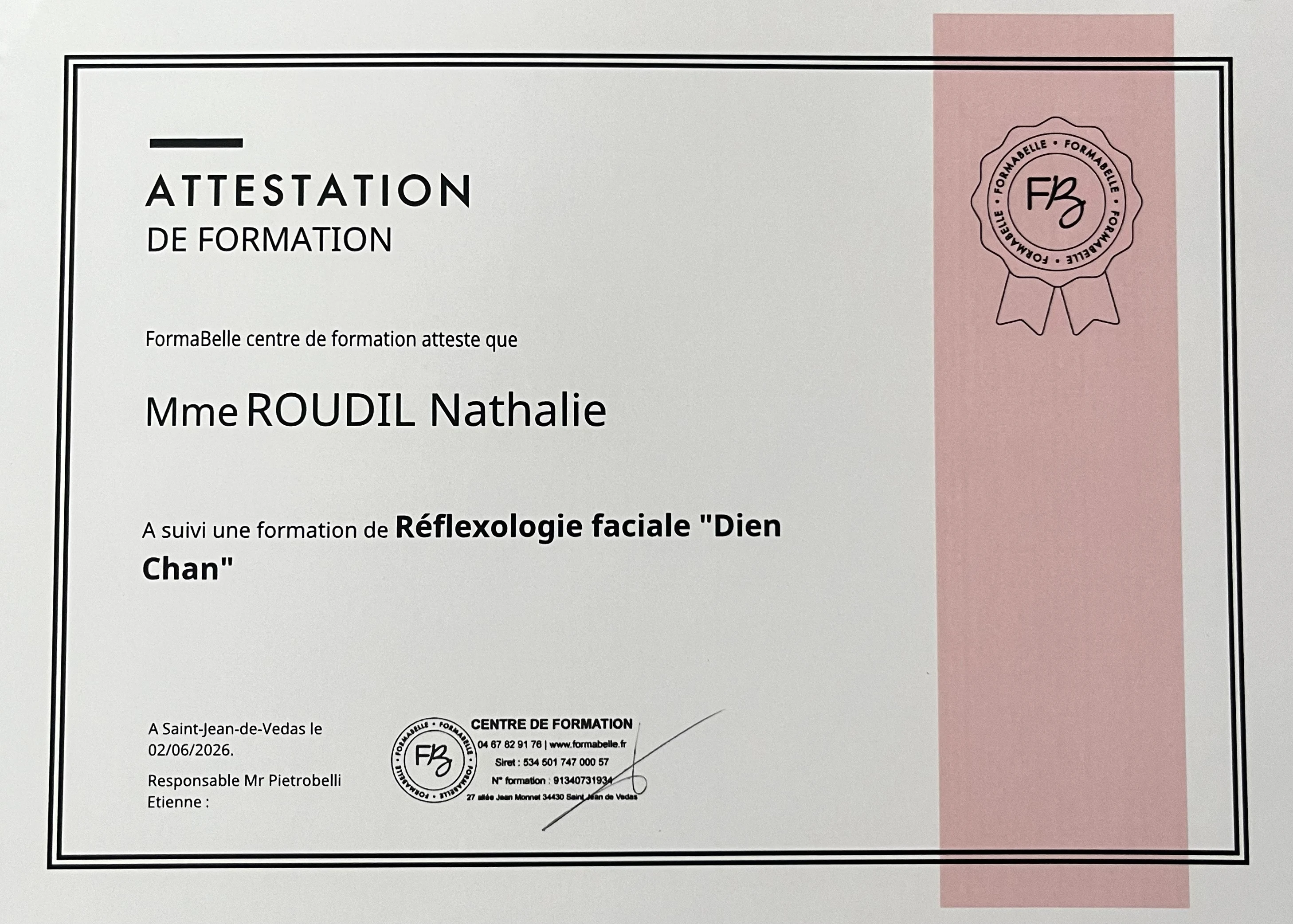 Attestation de formation Dien Chan (réflexologie faciale)