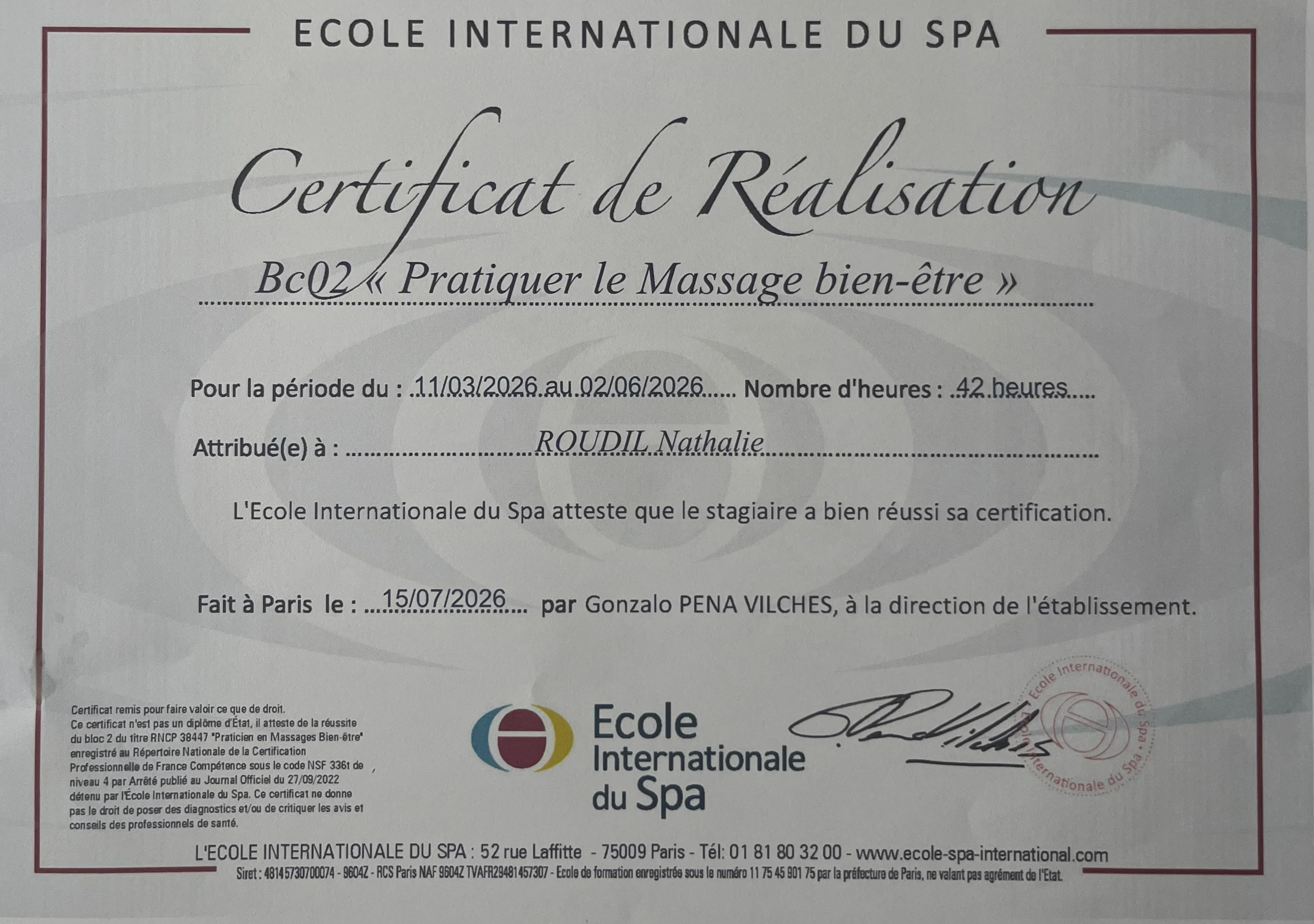 Certificat de réalisation, pratiquer le massage bien-être