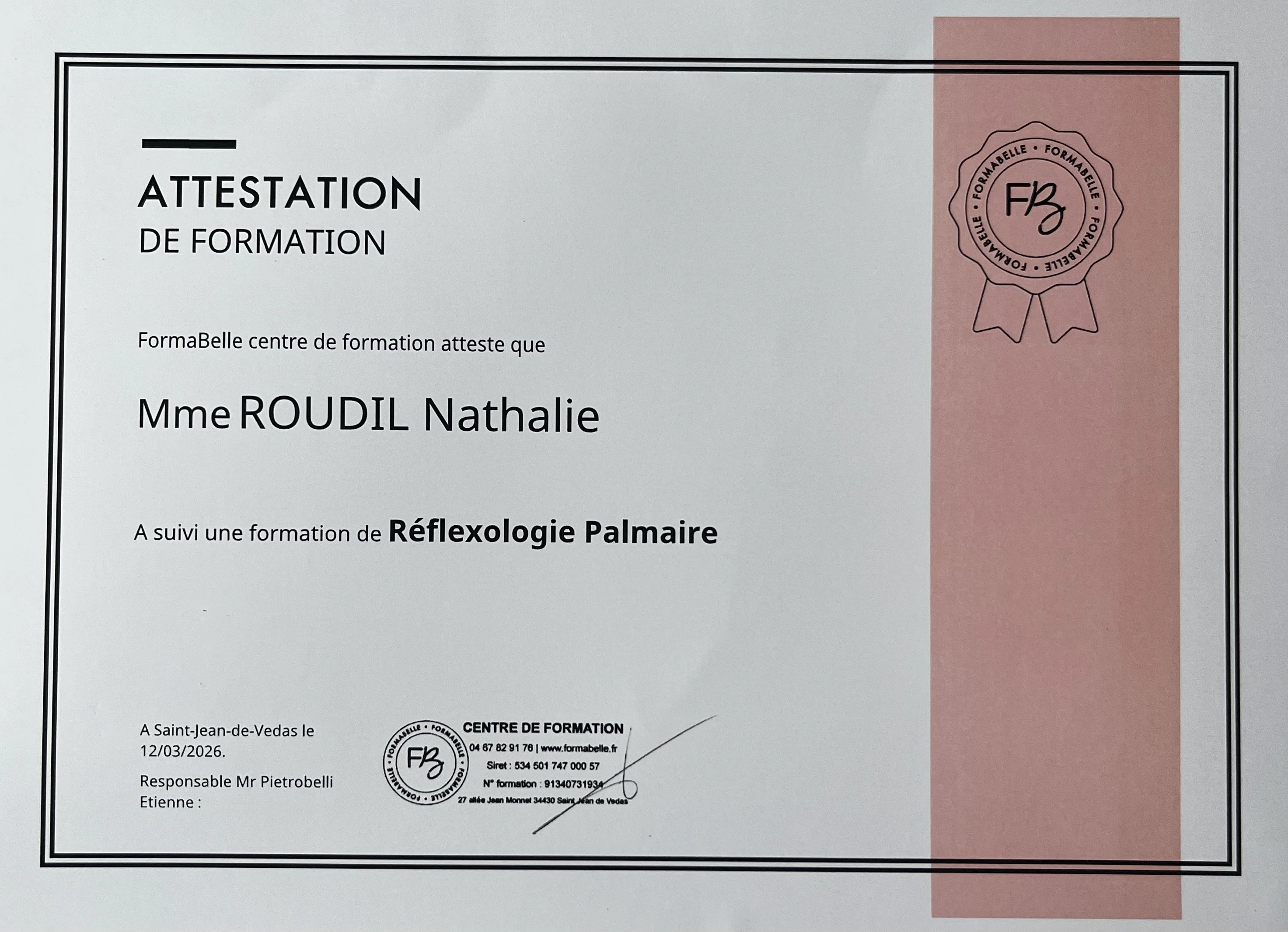 Attestation de formation en réflexologie palmaire