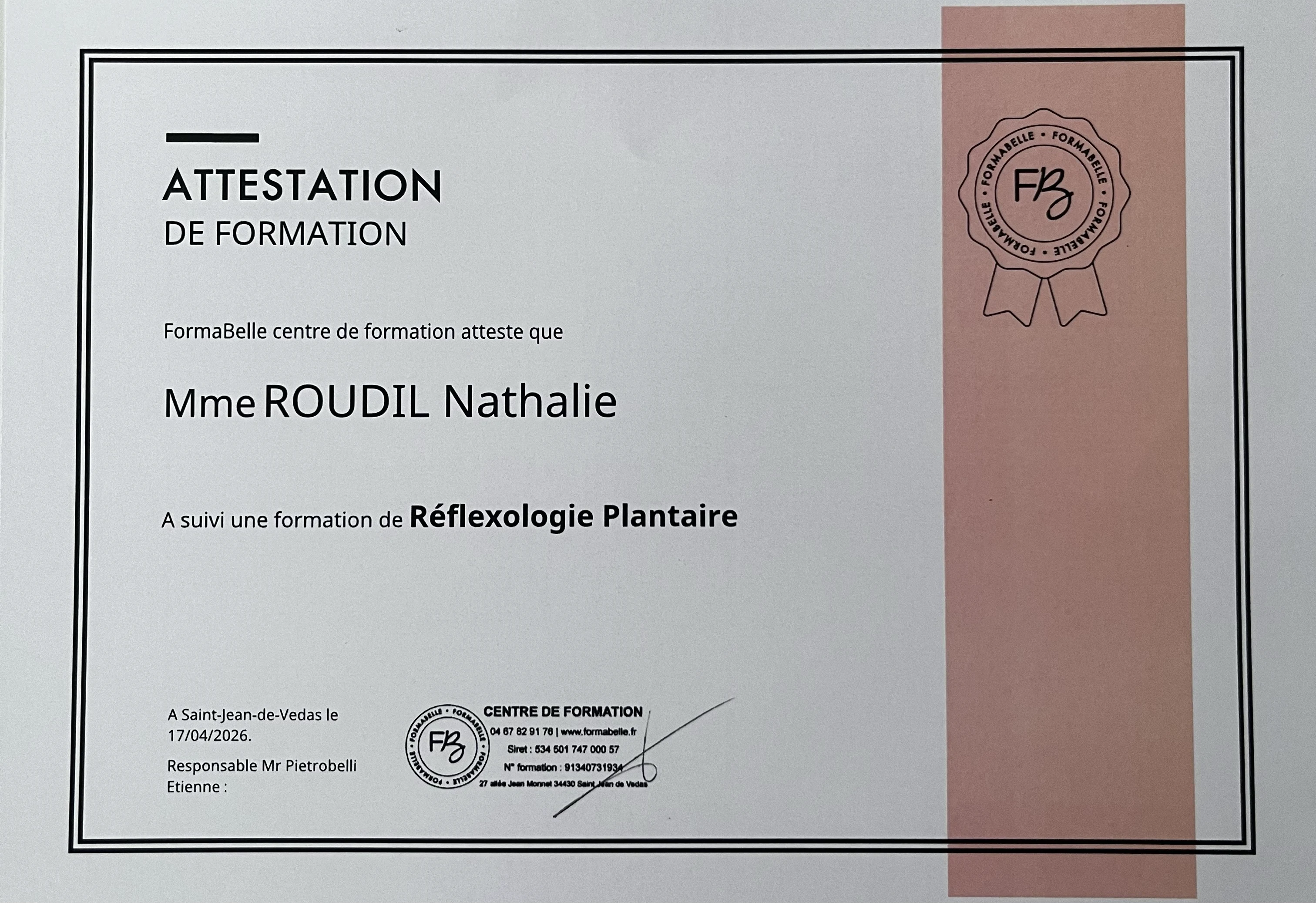 Attestation de formation en réflexologie plantaire